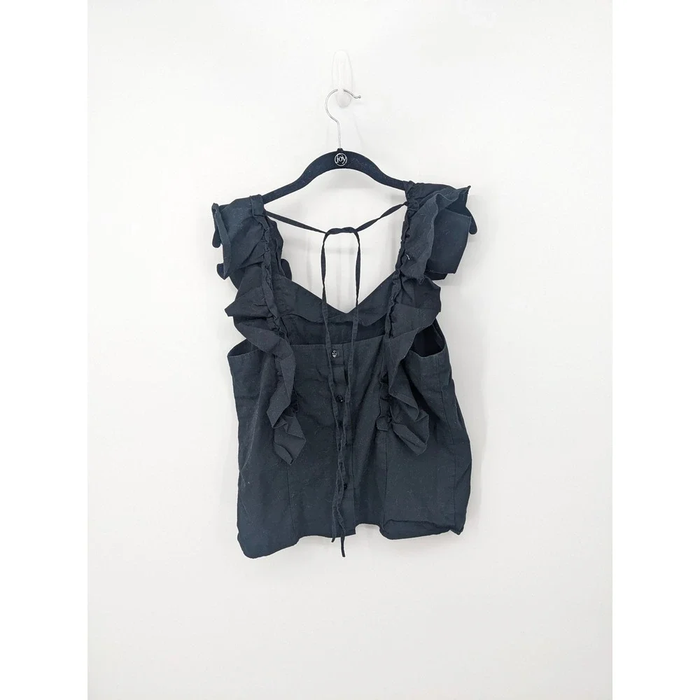 G Label by Goop Flutter Sleeve Top Black Large Tie Back Ruffle Shirt Boho Casual